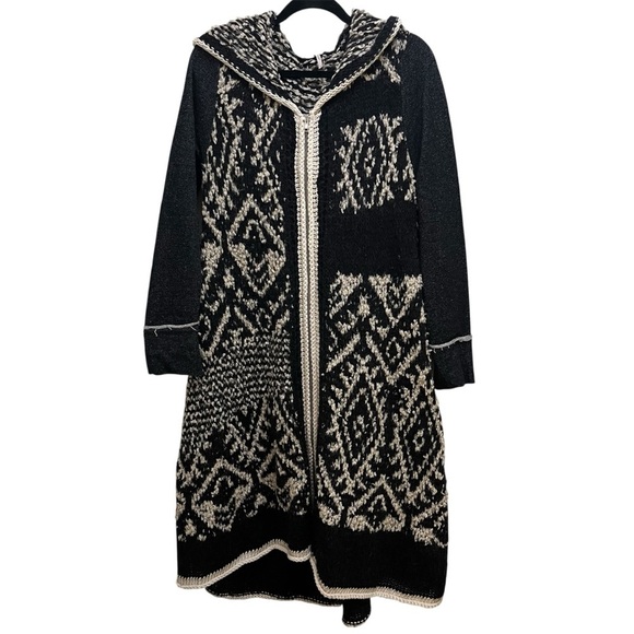 Free People Black White Moon Pattern Cardigan Hooded Sweater Coat Long Jacket M - Picture 1 of 8